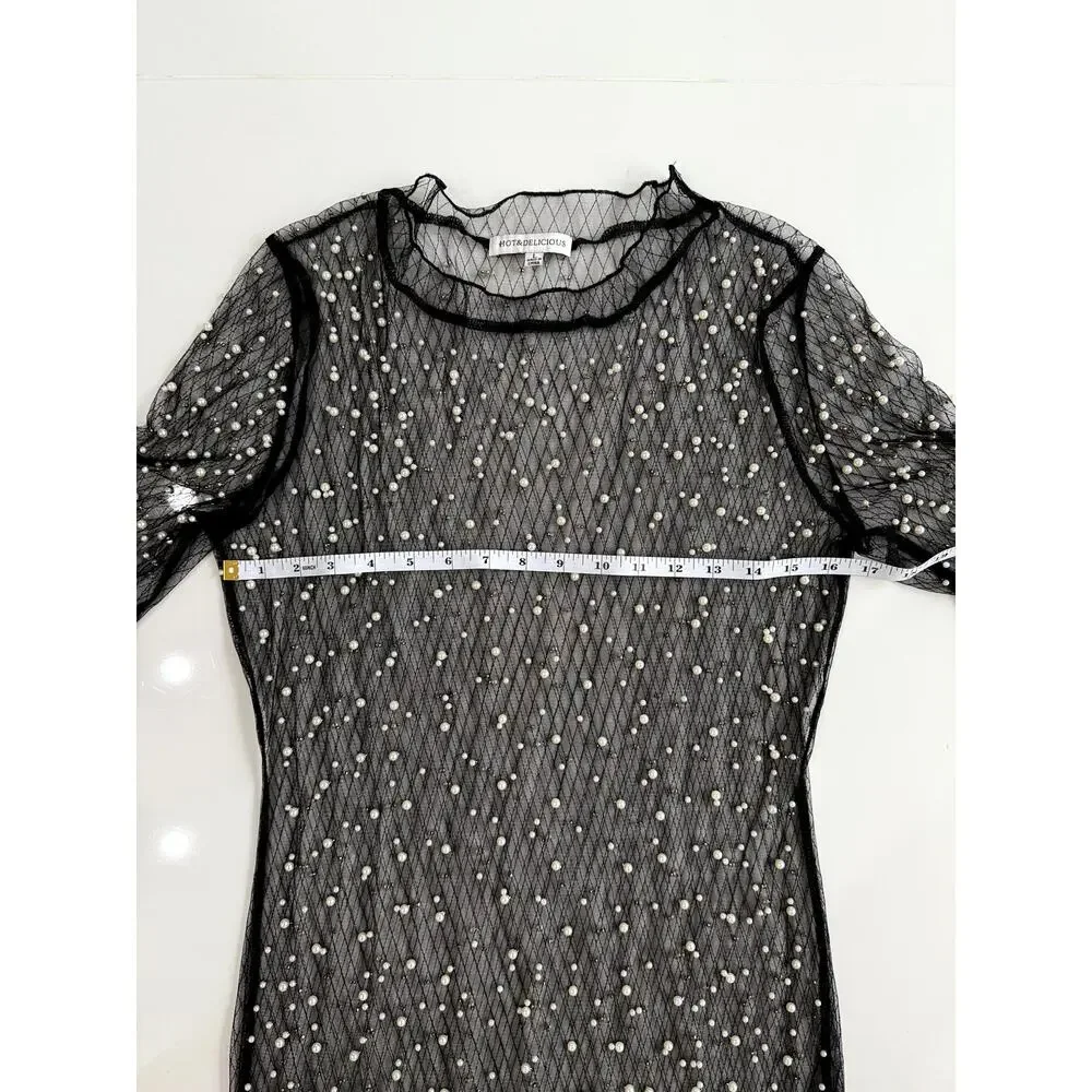 Hot & Delicious Black Sheer pearl dress/cover up L - Picture 9 of 12